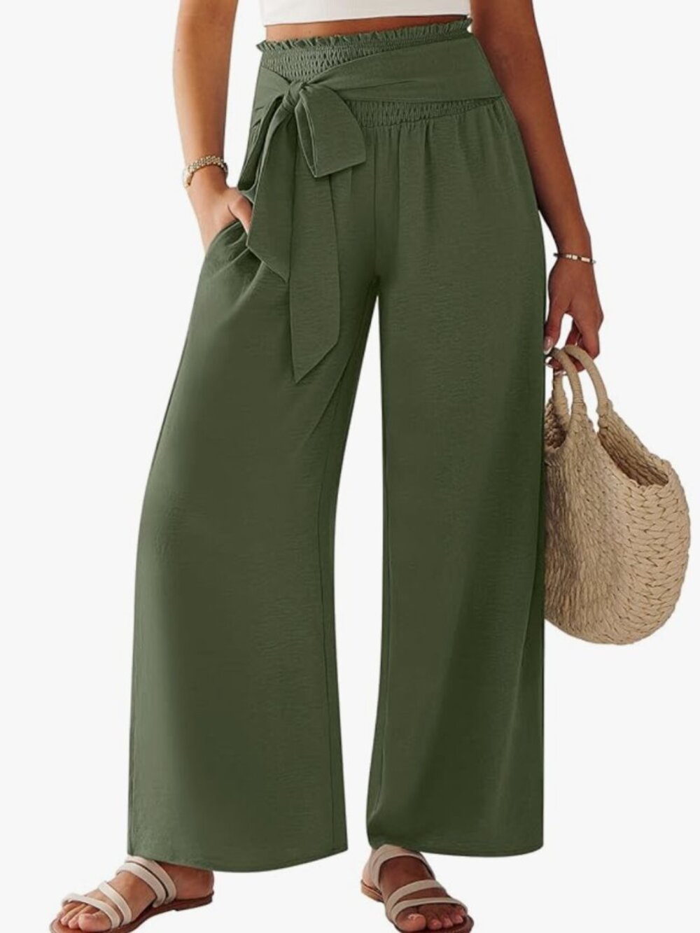 Olive Green Palazzo Wide Leg Pants Smocked Tie Waist Size XL